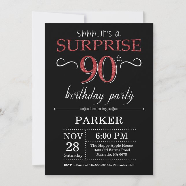 Surprise 90th Birthday Invitation Black and Red (Front)