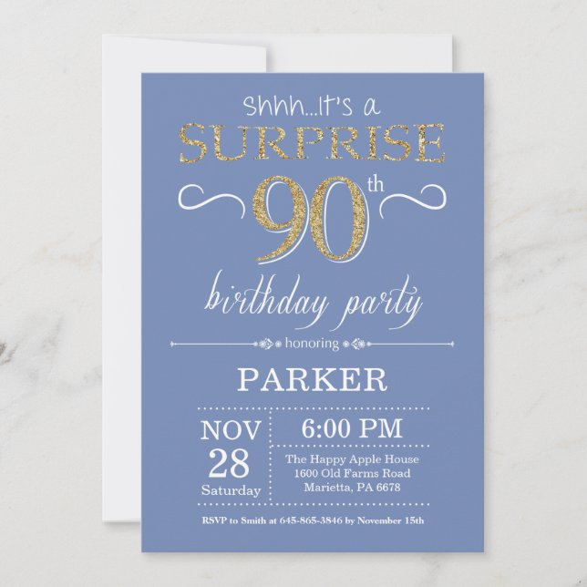 Surprise 90th Birthday Invitation Blue and Gold (Front)