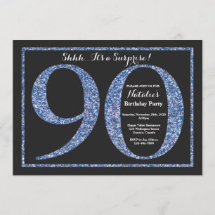 Surprise 90th Birthday Invitation Blue Glitter