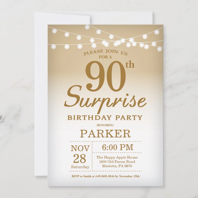Surprise 90th Birthday Invitation Gold (Front)