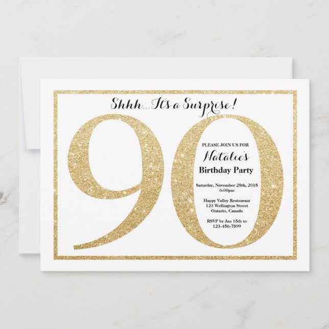 Surprise 90th Birthday Invitation Gold Glitter (Front)