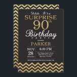 Surprise 90th Birthday Invitation Gold Glitter<br><div class="desc">Surprise 90th Birthday Invitation with Gold Glitter Chevron. Chalkboard. Black and Gold Glitter. Adult Birthday. Man or Women Bday Invite. For further customisation,  please click the "Customise it" button and use our design tool to modify this template.</div>