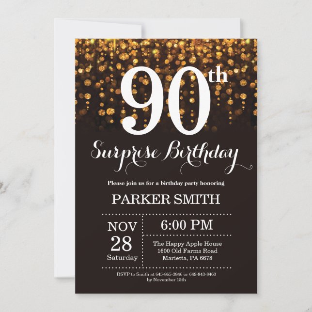 Surprise 90th Birthday Invitation Gold Glitter (Front)
