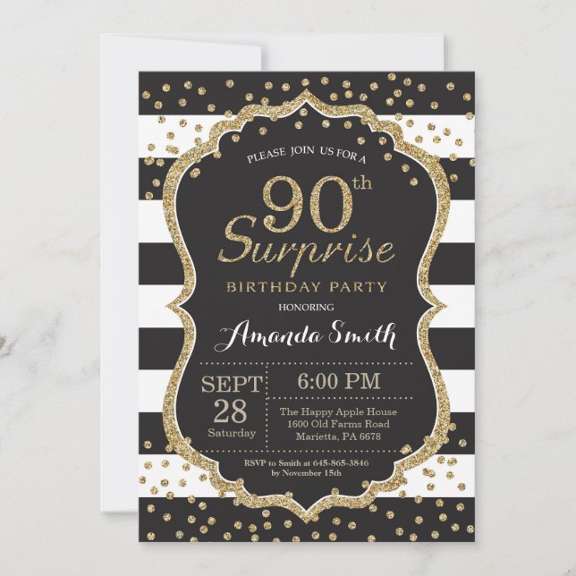 Surprise 90th Birthday Invitation. Gold Glitter Invitation (Front)