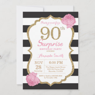 Surprise 90th Birthday Invitation Pink Black Gold
