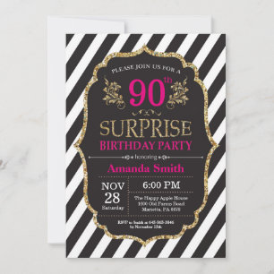Surprise 90th Birthday Invitation Pink Black Gold