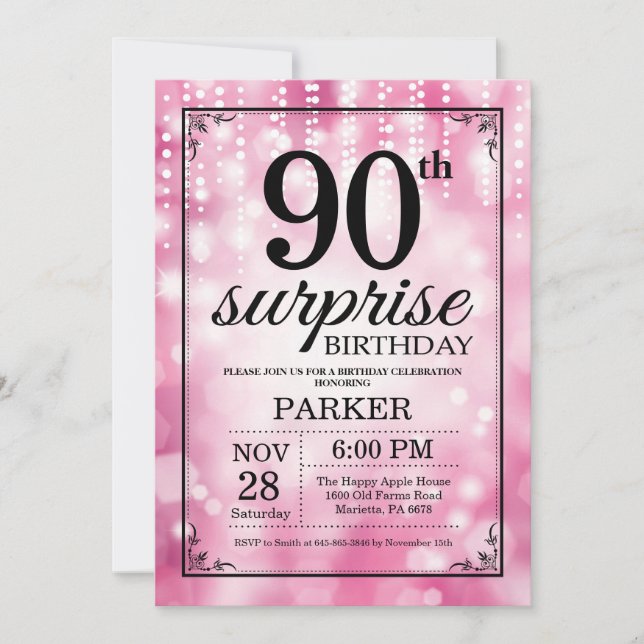 Surprise 90th Birthday Invitation Pink Glitter (Front)