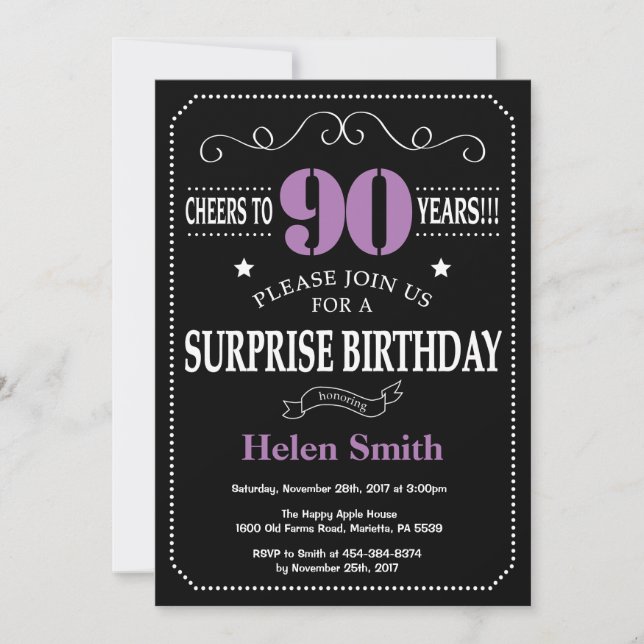 Surprise 90th Birthday Invitation Purple and Black (Front)
