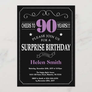 Surprise 90th Birthday Invitation Purple and Black