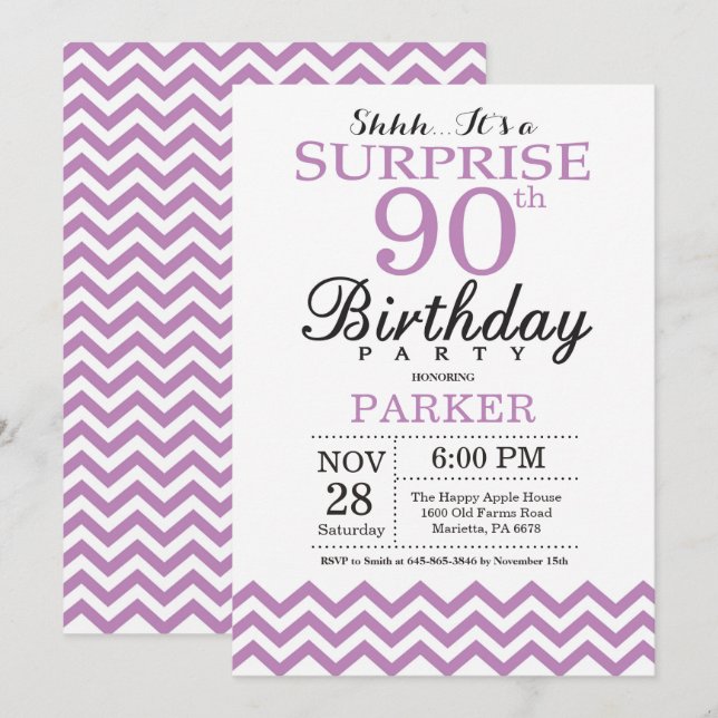 Surprise 90th Birthday Invitation Purple Glitter (Front/Back)