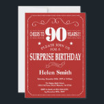 Surprise 90th Birthday Invitation Red and White<br><div class="desc">Surprise 90th Birthday Invitation Red and White Typography. Red Background. Adult Birthday. Male Men or Women Birthday. Kids Boy or Girl Lady Teen Teenage Bday Invite. 13th 15th 16th 18th 20th 21st 30th 40th 50th 60th 70th 80th 90th 100th. Any Age. For further customisation, please click the "Customise it" button...</div>