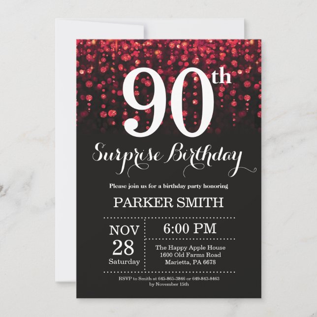 Surprise 90th Birthday Invitation Red Glitter (Front)
