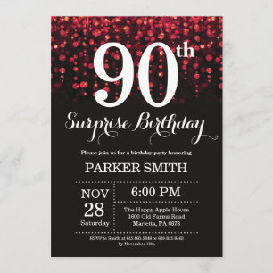 Surprise 90th Birthday Invitation Red Glitter