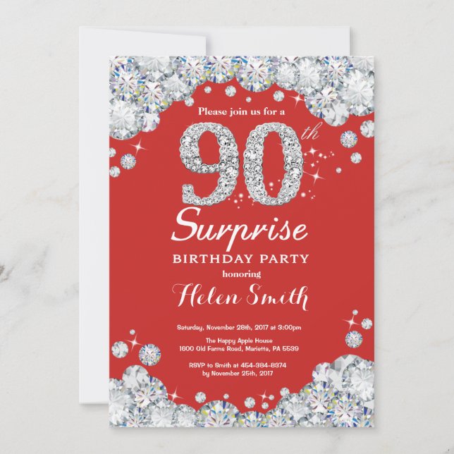 Surprise 90th Birthday Invitation Silver Diamond (Front)