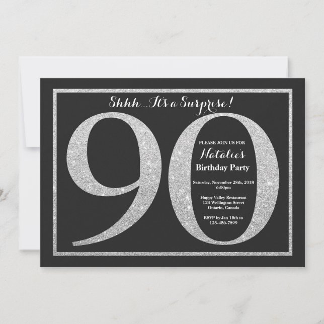 Surprise 90th Birthday Invitation Silver Glitter (Front)