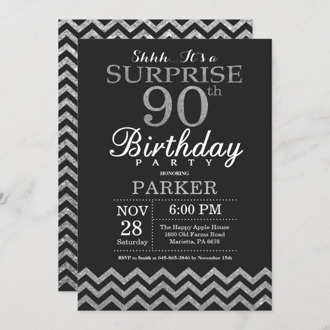 Surprise 90th Birthday Invitation Silver Glitter (Front/Back)