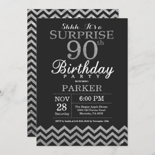 Surprise 90th Birthday Invitation Silver Glitter