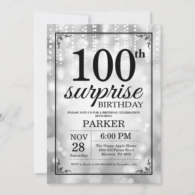 Surprise 90th Birthday Invitation Silver Glitter (Front)