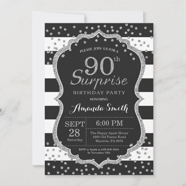 Surprise 90th Birthday Invitation. Silver Glitter Invitation (Front)