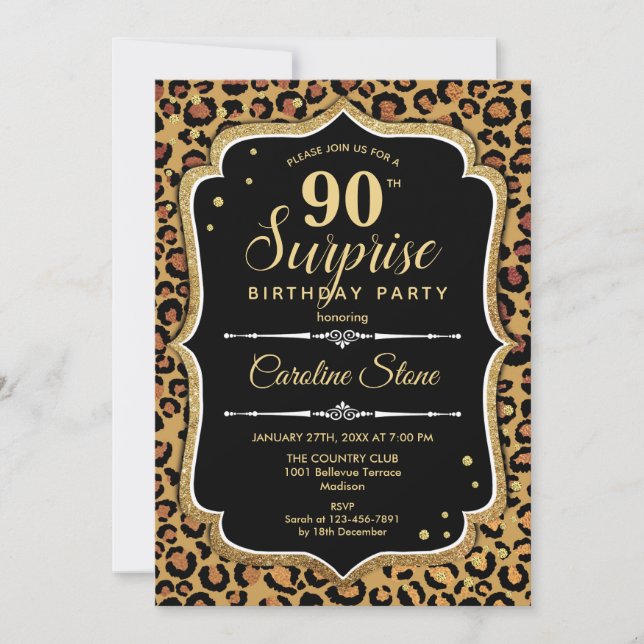 Surprise 90th Birthday - Leopard Black Gold Invitation (Front)