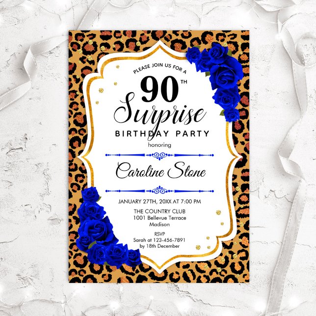 Surprise 90th Birthday - Leopard Gold Royal Blue Invitation (Creator Uploaded)