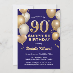 Surprise 90th Birthday Navy Blue and Gold Balloons Invitation