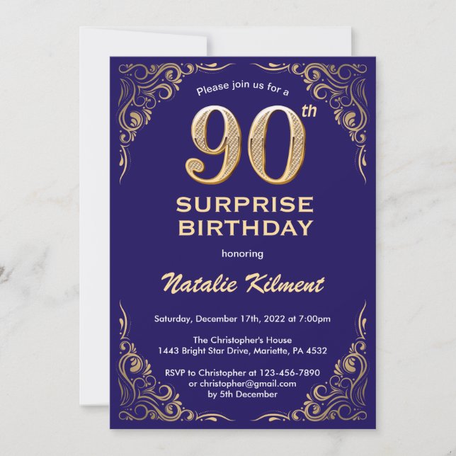 Surprise 90th Birthday Navy Blue and Gold Glitter Invitation (Front)