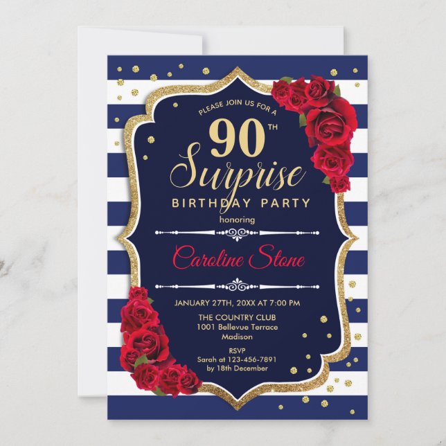 Surprise 90th Birthday - Navy White Red Invitation (Front)