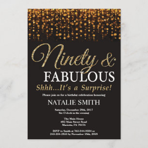 Surprise 90th Birthday Ninety and Fabulous Gold Invitation