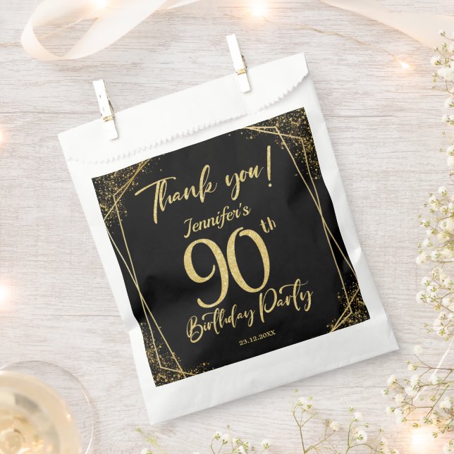Surprise 90th Birthday Party Black & Gold Glitter Favour Bags (Clipped)