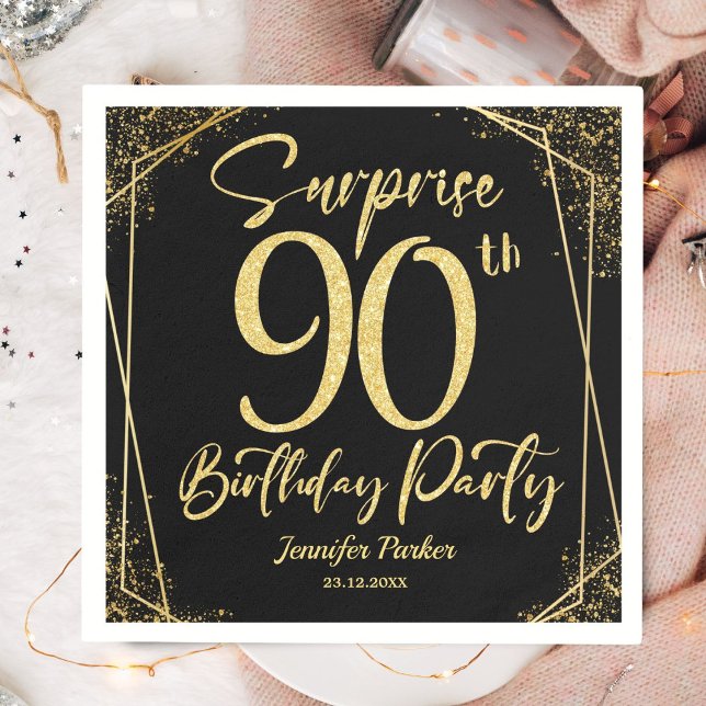 Surprise 90th Birthday Party Black & Gold Glitter Napkin (Creator Uploaded)