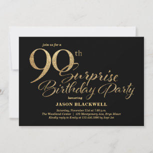 Surprise 90th Birthday Party Black & Gold Invitation