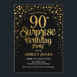 Surprise 90th Birthday Party - Black & Gold Invitation<br><div class="desc">Surprise 90th Birthday Party Invitation.
Elegant design in black and faux glitter gold. Features stylish script font and confetti. Message me if you need custom age.</div>