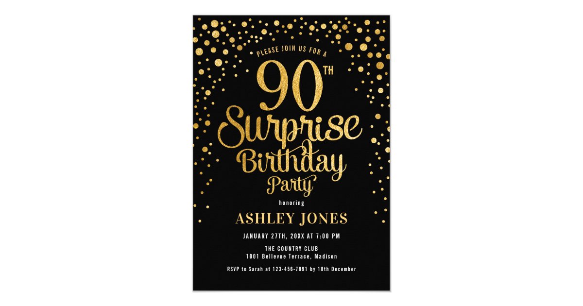 Surprise 90th Birthday Party - Black & Gold Invitation | Zazzle.co.uk