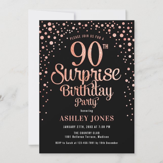 Surprise 90th Birthday Party - Black & Rose Gold Invitation (Front)