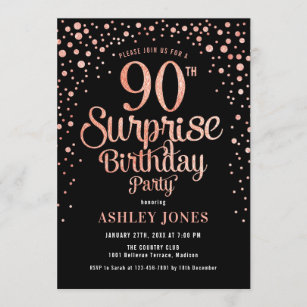 Surprise 90th Birthday Party - Black & Rose Gold Invitation