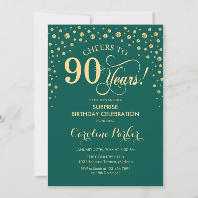 Surprise 90th Birthday Party - Emerald Green Gold Invitation (Front)
