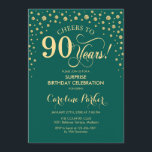 Surprise 90th Birthday Party - Emerald Green Gold Invitation<br><div class="desc">Surprise 90th Birthday Party Invitation.
Elegant design in emerald green and faux glitter gold. Features script font and diamonds confetti. Cheers to 90 Years! Message me if you need further customization.</div>