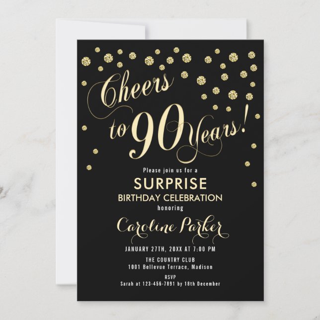 Surprise 90th Birthday Party - Gold Black Invitation (Front)