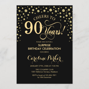 Surprise 90th Birthday Party - Gold Black Invitation