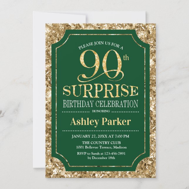 Surprise 90th Birthday Party - Gold Green Invitation (Front)