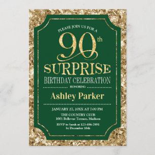 Surprise 90th Birthday Party - Gold Green Invitation