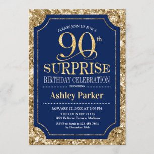 Surprise 90th Birthday Party - Gold Navy Invitation