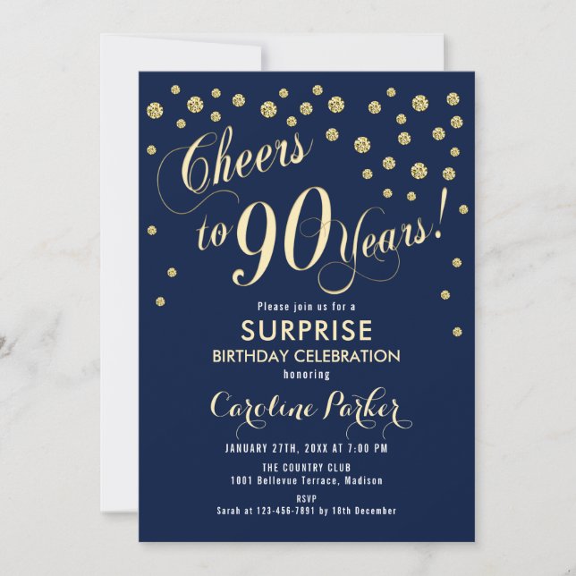 Surprise 90th Birthday Party - Gold Navy Invitation (Front)