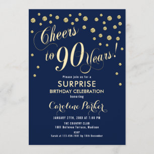 Surprise 90th Birthday Party - Gold Navy Invitation