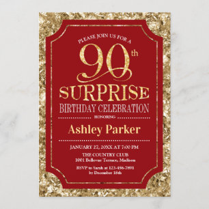 Surprise 90th Birthday Party - Gold Red Invitation