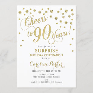 Surprise 90th Birthday Party - Gold White Invitation
