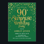 Surprise 90th Birthday Party - Green & Gold Invitation<br><div class="desc">Surprise 90th Birthday Party Invitation.
Elegant design in forest green and faux glitter gold. Features stylish script font and confetti. Message me if you need custom age.</div>
