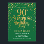 Surprise 90th Birthday Party - Green & Gold Invitation<br><div class="desc">Surprise 90th Birthday Party Invitation.
Elegant design in forest green and faux glitter gold. Features stylish script font and confetti. Message me if you need custom age.</div>