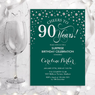 Surprise 90th Birthday Party - Green Silver Invitation